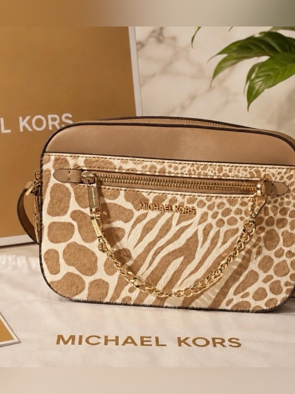 Like New Michael Kors Tan Calf Hair Crossbody with Gold Chain